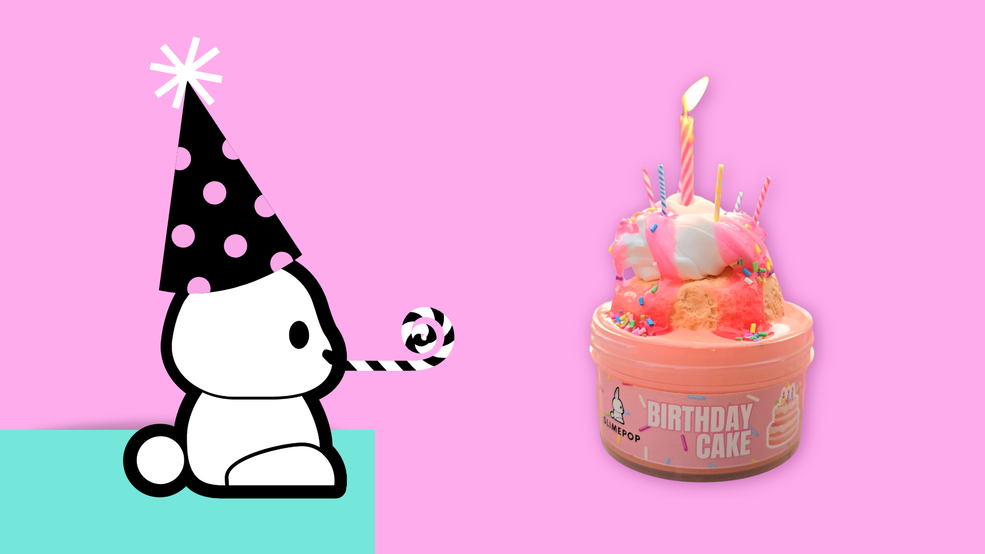 Illustration of a cartoon bunny with a birthday hat next to a container labeled 'Birthday Cake slime' on a pink background.