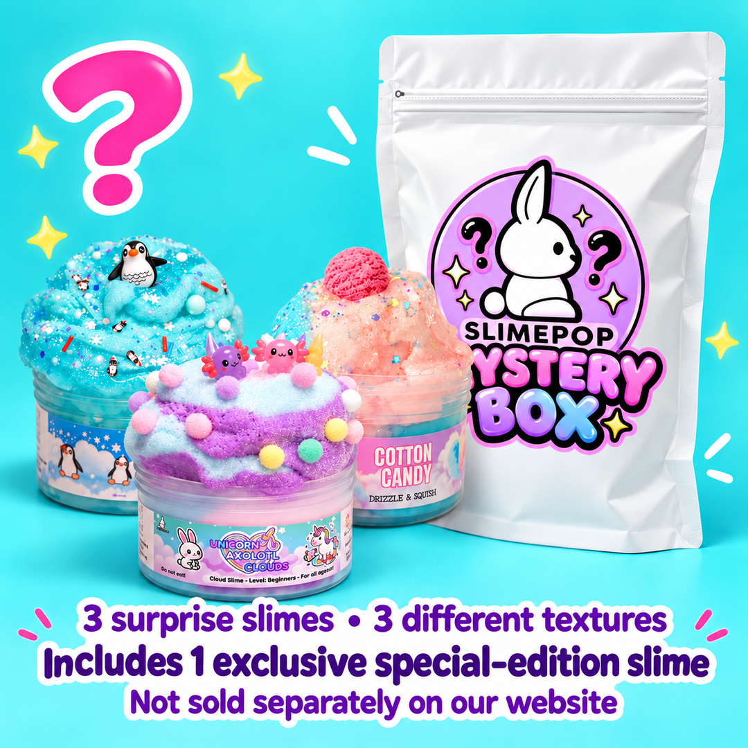 Three colorful surprise slime jars displayed next to a white branded pouch labeled 'Slimepop Mystery Box' on a bright cyan background, with promotional text at the bottom.