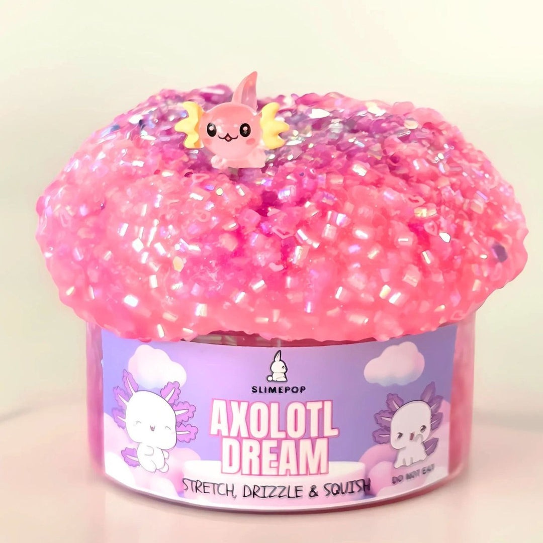 Slimepop Axolotl Dream bingsu slime in a jar, featuring a pink crunchy texture with iridescent beads and cute axolotl charms.