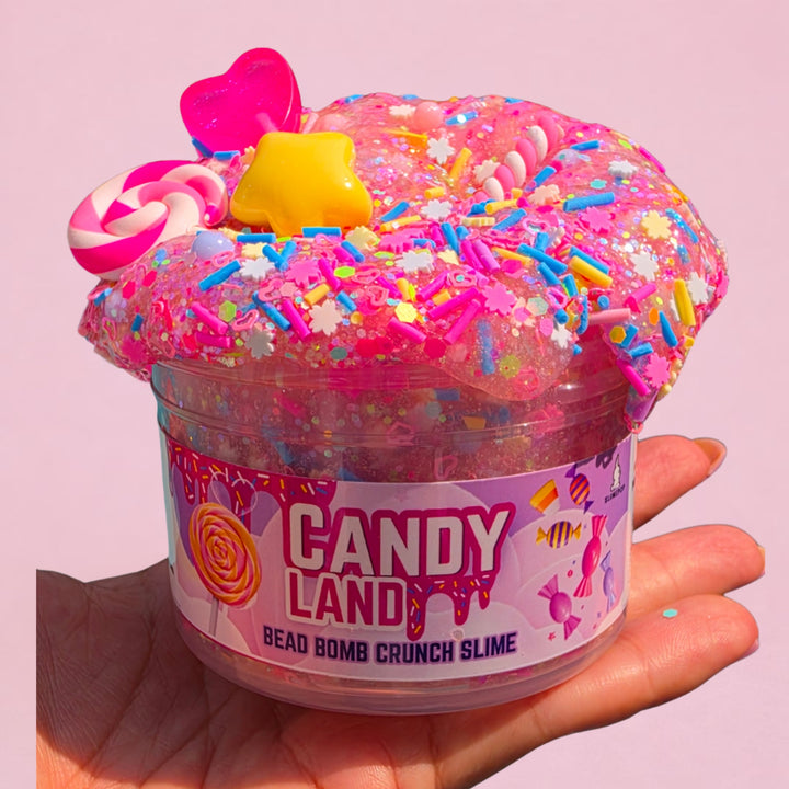 Candy Land pink clear Bead Bomb slime with colorful beads and candy charms by Slimepop