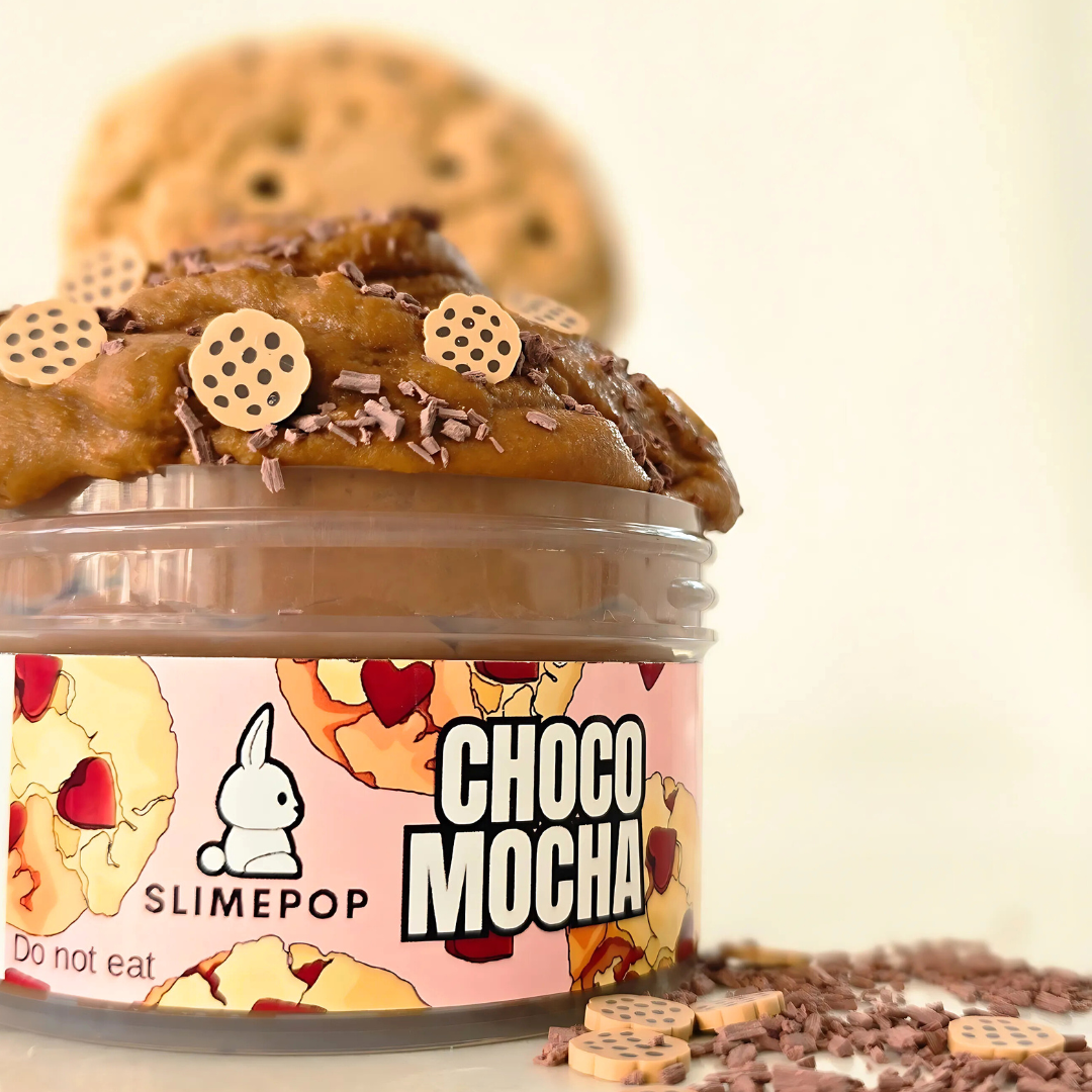 Slimepop Choco Mocha DIY slime kit featuring chocolate cloud dough base, a handmade cookie clay piece, and chocolate charms.