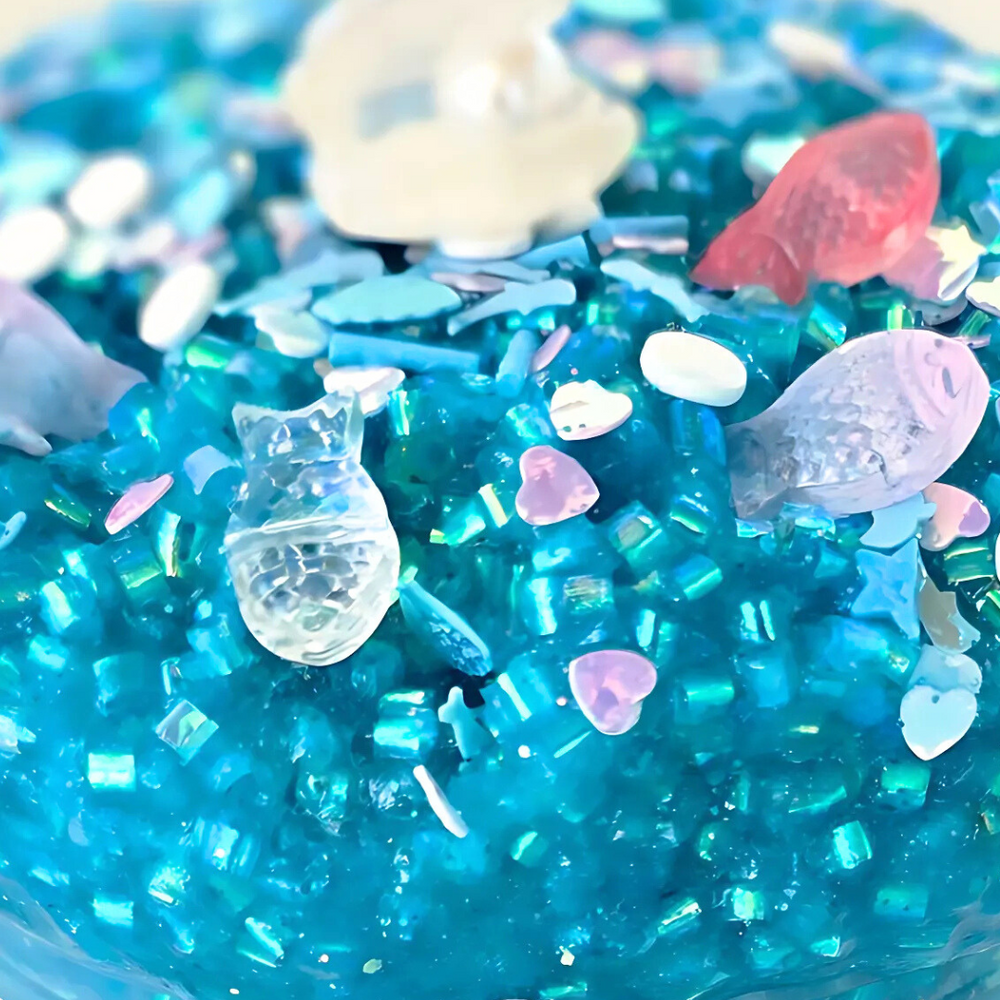 close up of bingsu bead filled blue crunchy slime