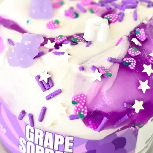 Detailed view of the cute grape polymer clay slices and charms inside the Grape Sorbet slime.