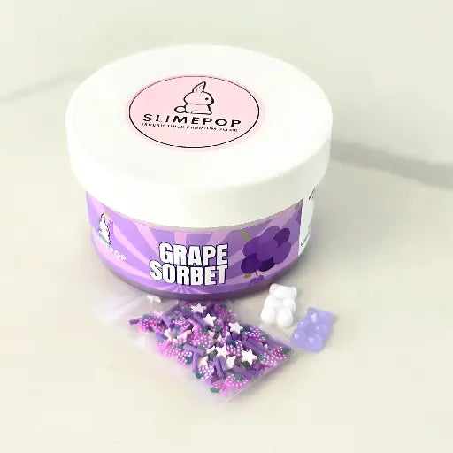Slimepop container labeled 'Grape Sorbet' with jelly and glossy slime in a container with packaged polymer slices and 2 gummy bear charms