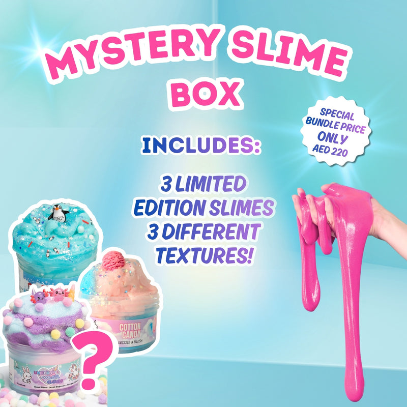 Promotional image of a mystery slime box with limited edition slimes and different textures on a blue background.