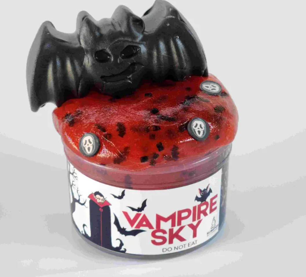 slime jar labeled 'Vampire Sky' with a bat clay on top against a white background