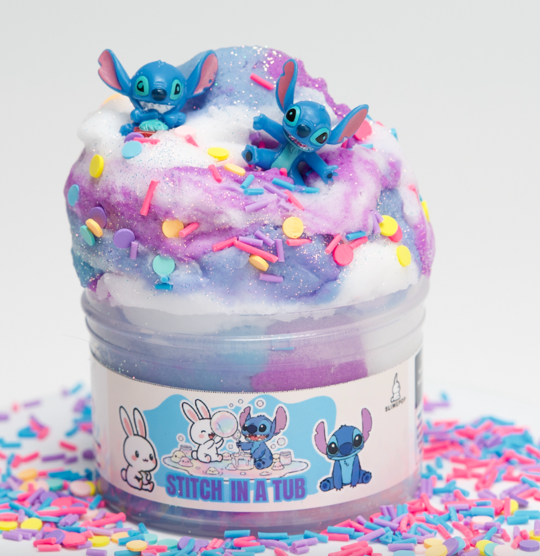 Jar of 'Stitch in a Tub' cloud slime with cartoon characters and colorful sprinkles on a white background