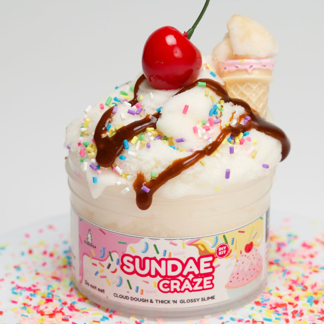 Sundae Craze ice cream slime container with toppings on a white background