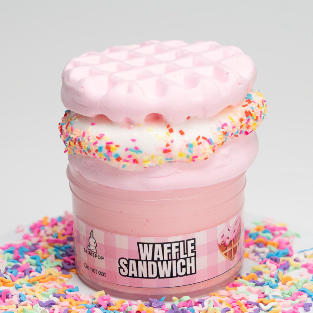 Slimepop DIY kit for a realistic food,Waffle  ice-cream Sandwich slime, including a waffle clay piece, pink slime base, and 2 waffles clay pieces and sprinkles.